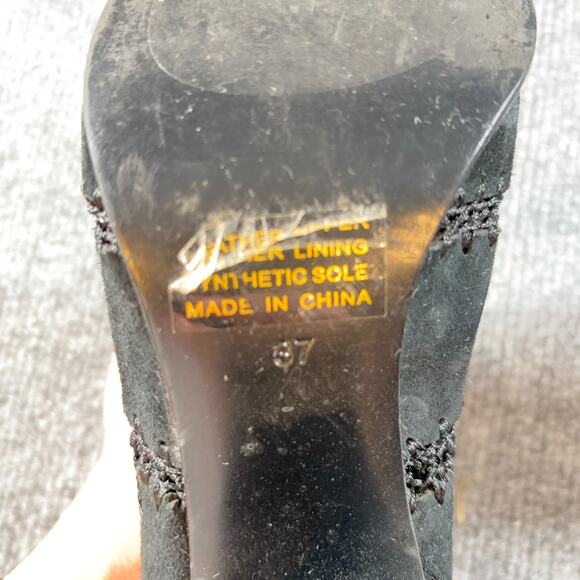 Silent D Black Suede Leather Knit Ankle Boots 37 Heeled Booties Block Heel Zip - Picture 14 of 16